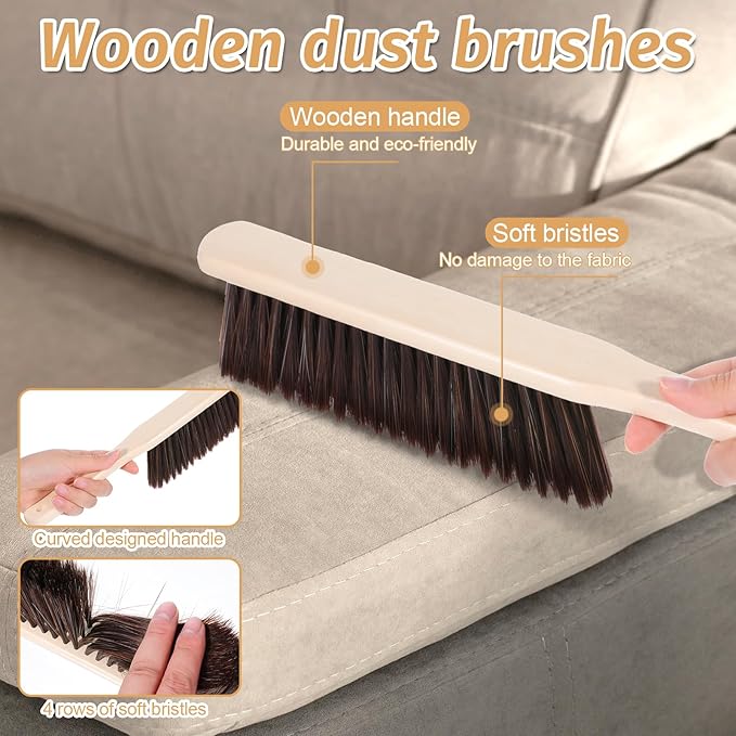 8 Pieces Woooden Dust Brush Hand Broom Bulk Bench Brush with Long Wood Handle Soft Bristle Whisk Broom for Counter Bed Sofa Bench Car Fireplace Clothes Household Cleaning