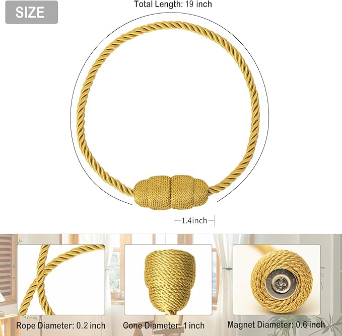 Magnetic Curtain Tiebacks Rope Curtain Tie Backs for Curtains 2 Pack Curtain Holders for Drapes Decorative Window Curtain Holdbacks, Gold