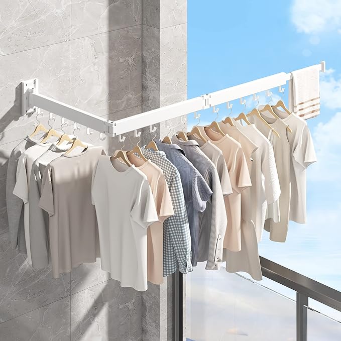 Wall Mounted Clothes Drying Rack, Collapsible, Folding, Retractable - Clothes Hanging Rack (Hooks, White)