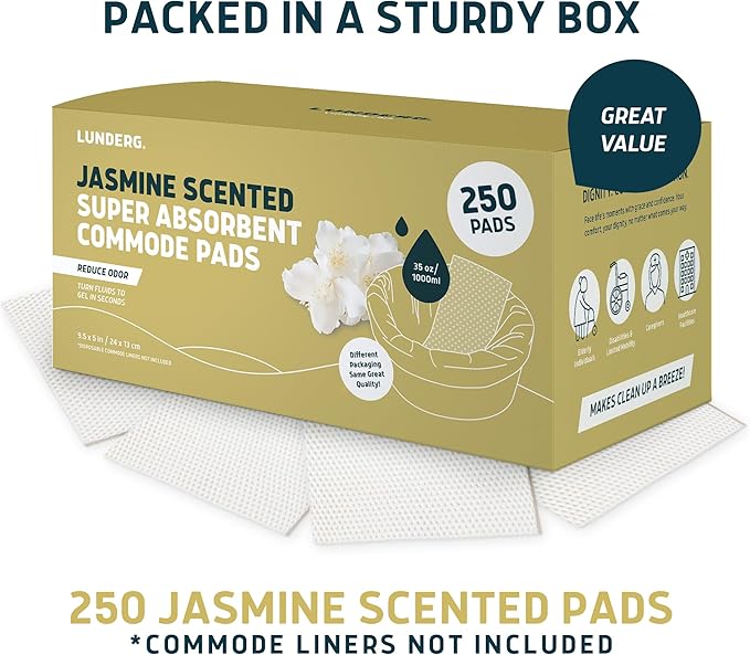 Lunderg Jasmine Scented Super Absorbent Commode Pads - Medical Grade Value Pack 250 Count - for Disposable Bedside Commode Liners, Adult Chairs, Portable Buckets & Camping Toilet Bags - Light Scent
