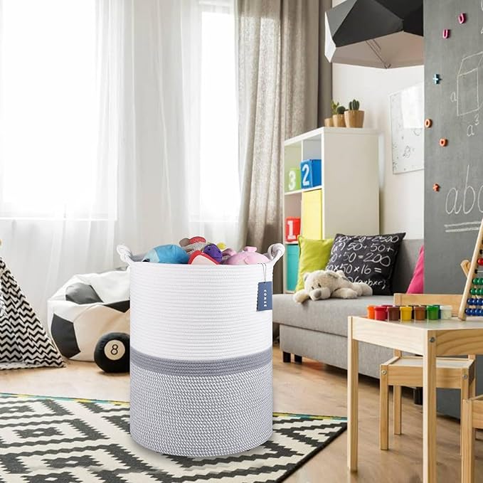 COMSE Extra Large Blanket Basket, Tall Woven Storage Basket, Nursery Hamper, 15.7”x 21.7”, Cotton Rope Laundry Hamper for Toys Clothes Towels, Blend White/Gray