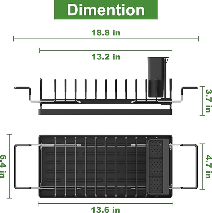 Dish Drying Rack Over the Sink Expandable In Small Black Drainer Dry for Kitchen Counter, Metal Stainless Steel Compact Dishes Drain with Tray, Space Saving Extendable Modern Plate Strainer Holder