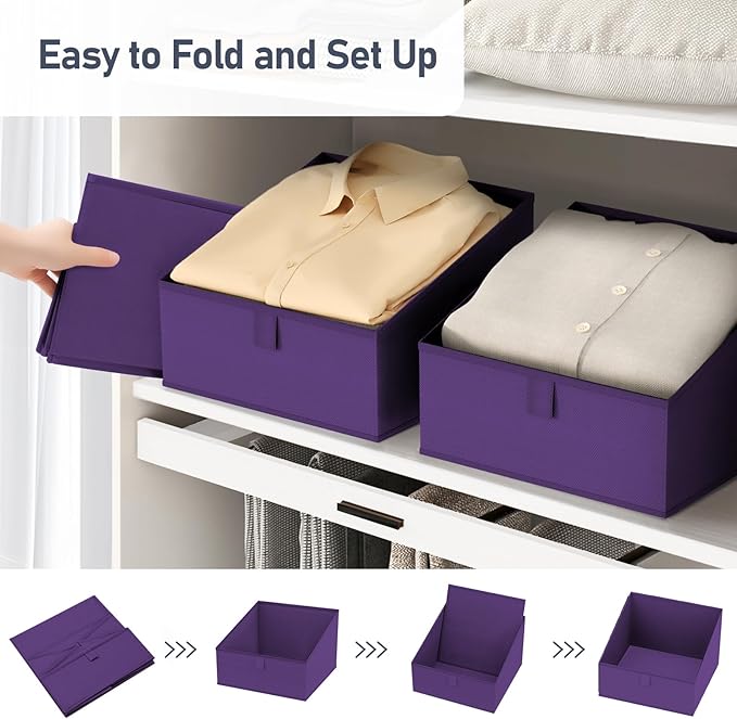 DIMJ Closet Storage Bins 8 Pack - Fabric Trapezoid Closet Organizer Bin, Foldable Storage Baskets for Shelves, Closet Shelf Organizer, Clothing Storage Box for Toys, Books, Towel, Clothes, Purple