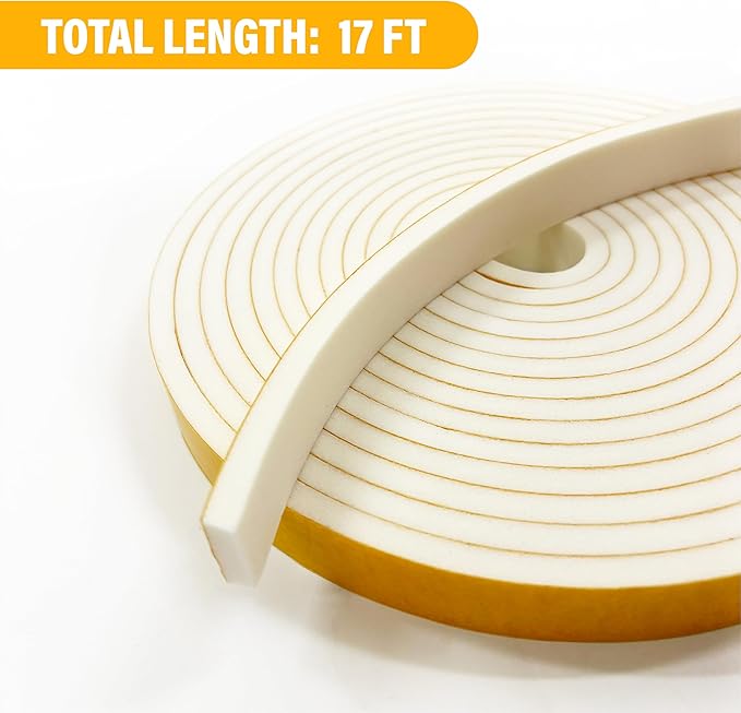 Weather Stripping Foam Tape, 17 Ft Door Seal Strip, EVA Material, High Density 1/4" Thick, No Residue Adhesive, Weatherproof Door Seal Strip for Sliding Door, Windows, White (2" Wide)
