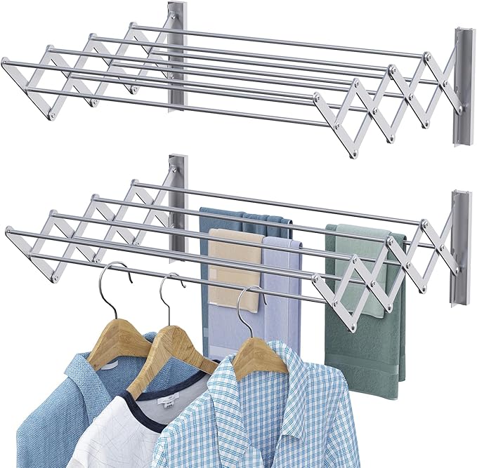 X-cosrack Wall Mounted Clothes Drying Rack, 31.9" Wide Large Rustproof Retractable Laundry Drying Rack, 8 Bar Space-Saving Aluminium Alloys Clothing Hanger Drying Racks forLaundry (Silver)