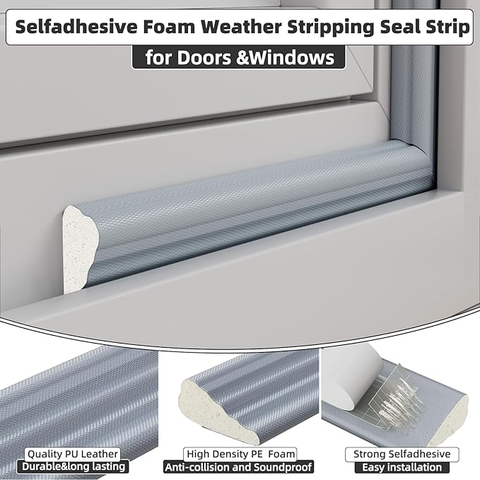 3 Pack*16.4 Ft Weather Stripping Seal Strip for Doors,Soundproofing Window Insulation Draft Stopper for Winter, Selfadhesive Foam Weather Strip for Door Frame,Door Gap Filler Noise Blocker(Gray)