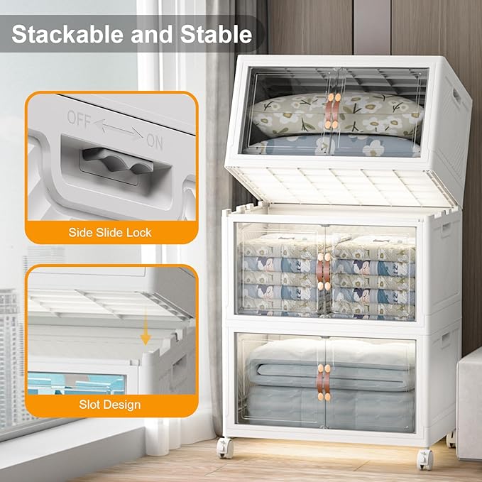 Extra Large Stackable Storage Bins with Lids & Wheels & Door, 960QT-160QT/40GAL*6Pack Foldable Collapsible Closet Organizers, Plastic containers drawers for bedroom Dorm