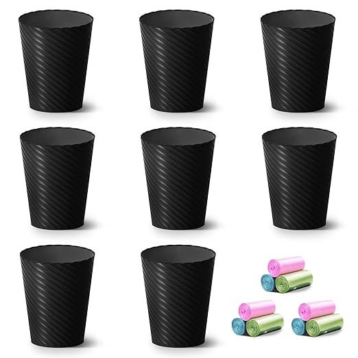 Bathroom Trash Can, 8 Pack 1.8 Gallons Small Trash Can with Trash Bags, Bathroom Garbage Can, Plastic Trash Bin, Round Waste Basket for Living Room, Bedroom, Office, Kitchen, Compact Space (Black)