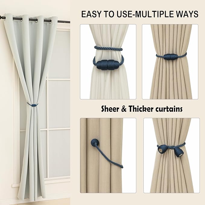 Magnetic Curtain Tiebacks - Rope Tiebacks for Curtains & Drapes, Decorative Window Holdbacks (4 Pack, Blue)