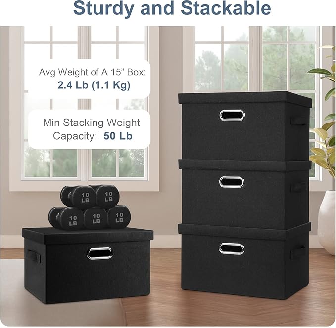 Medium 15" 21 Quart Collapsible Stackable Storage Bins with Lids, 5 Packs Black Foldable Fabric Closet Storage Boxes with Lids, Lidded Heavy-duty Linen Baskets(15x11x8)