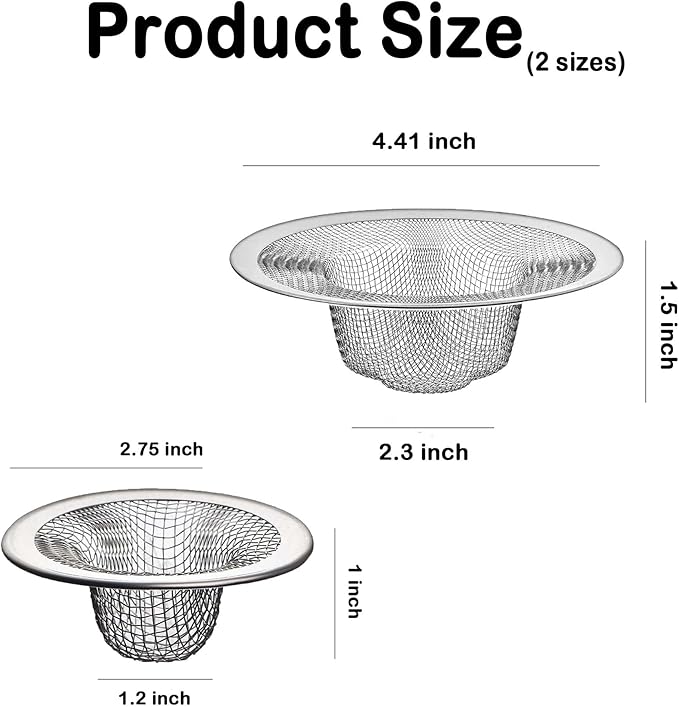 12PCS Stainless Steel Slop Basket Filter Trap, 2.75" & 4.41" Mesh Sink Drain Strainer Screen Bathroom Kitchen, Drain Mesh Basket Cover Hair Catcher for Lavatory RV Shower Floor Utility Drain