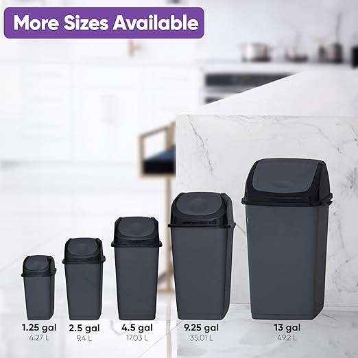 Superio Small 2.5 Gallon Plastic Trash Can with Swing Top Lid, Compact, Slim Waste Bin for Under Desk, Office, Bedroom, Bathroom, Dorm Room, 10 Qt. Portable Garbage Can (Dark Gray, 2