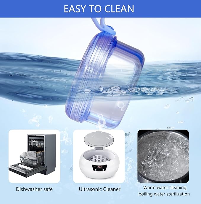 Leak Proof Portable Denture Bath Case Denture Cleaning Cup, False Teeth Holder Mouthguard Night Guard Container Box Retainer Soaking Case for Travel, Household, Office - Transparent Blue