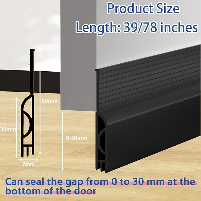 Under Door Draft Stopper, Self-Adhesive Door Sweep for Bottom of Door, Weather Stripping Doors Seal Soundproofing Insulation Strip, Doors Bottom Gap Blocker for Exterior/Interior (2M, Black)