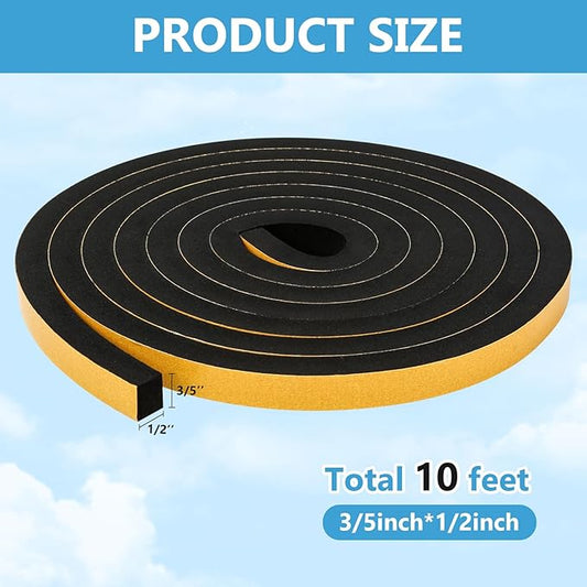 Black Weather Stripping Door Seal Strip (3/5 Inch X 1/2 Inch X 10Feet), Strong Adhesive, Lightproof, Soundproof, Weatherproof Foam Tape Insulation for Sliding Door, Front Door Frame, Windows