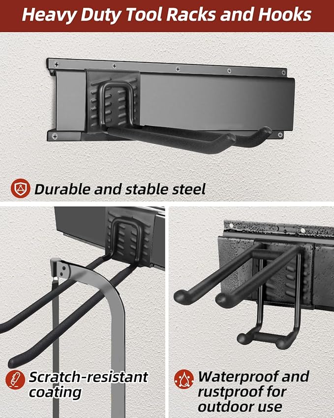 48-Inch Garage Storage Tool Organizer with 8 Hooks - Heavy Duty Metal Rack for Garage Organization, Garden Tool Organizer - Wall Mounted Tool Hanger for Shovels, Ladders, Lawn Tools