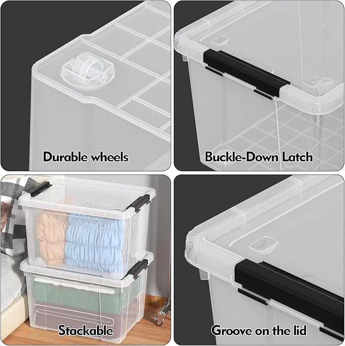 4 Pack Large Clear Plastic Storage Bins with Latching Lids, 50 Quart Plastic Storage Container with Wheels, Clear