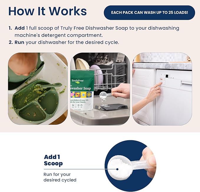Truly Free Dishwasher Detergent Powder | Natural Dish Detergent, Dishwasher Soap | Plastic Free, Plant-Based, Clean, Heavy Duty Hard Water Stain & Grease Remover | Fragrance Free | 12.5 oz (Pack of 3)