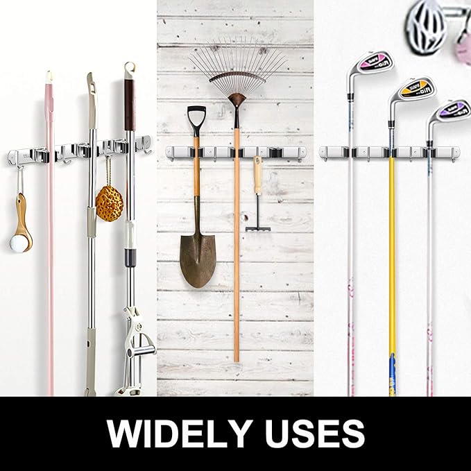 IMILLET Broom and Mop Holder Wall Mounted, Stainless Steel Broom Holder Mop Holder Self Adhesive Heavy Duty Hooks Storage Organizer for Home Laundry Room Garden Garage（3 Racks with 4 Hooks）