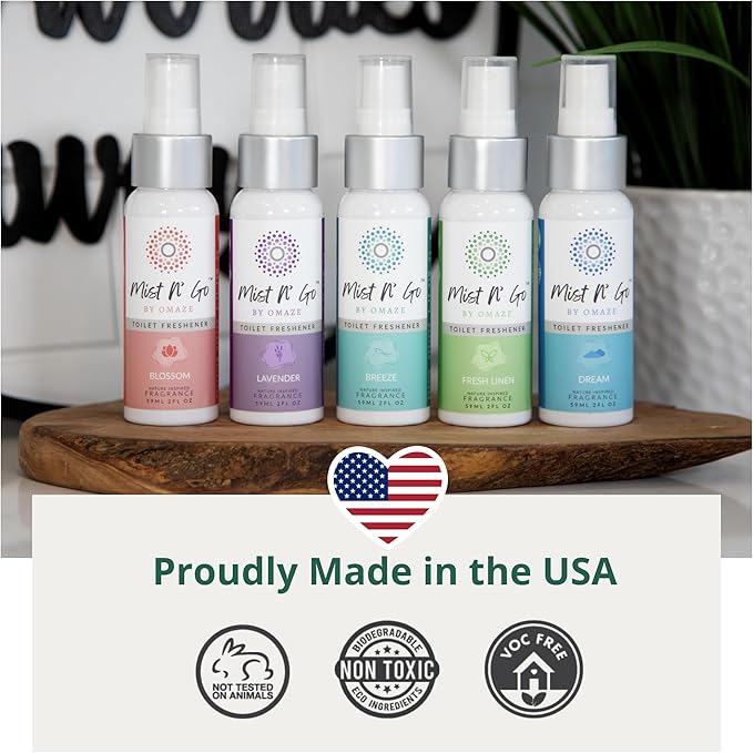 Mist N’ Go by Omaze Travel Bathroom Spray for Toilet Spray Odor Eliminator - Travel Toilet Spray for Bathroom Air Freshener Spray for Bathroom Deodorizer - Fresh Linen Regular Size (2oz x2)