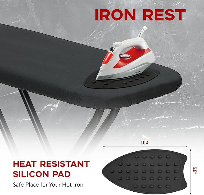 Ironing Board Full Size 53x13, RAINHOL Heavy Duty Iron Board with Thick Padded Cover, Height Adjustable Ironing Boards with Smart Hanger, Heat-Resistant Silicone Pad Iron Rest
