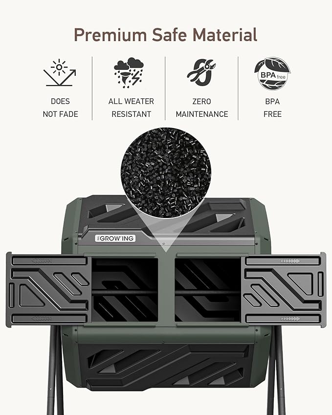 THEGROW'ING Updated 43 Gallon Compost Bin Outdoor, Fast Assemble Tumbling Composter, Dual Chamber Composter Tumbler, Rotating Compost Bin for Outside, Backyard, Garden and Yard, Green