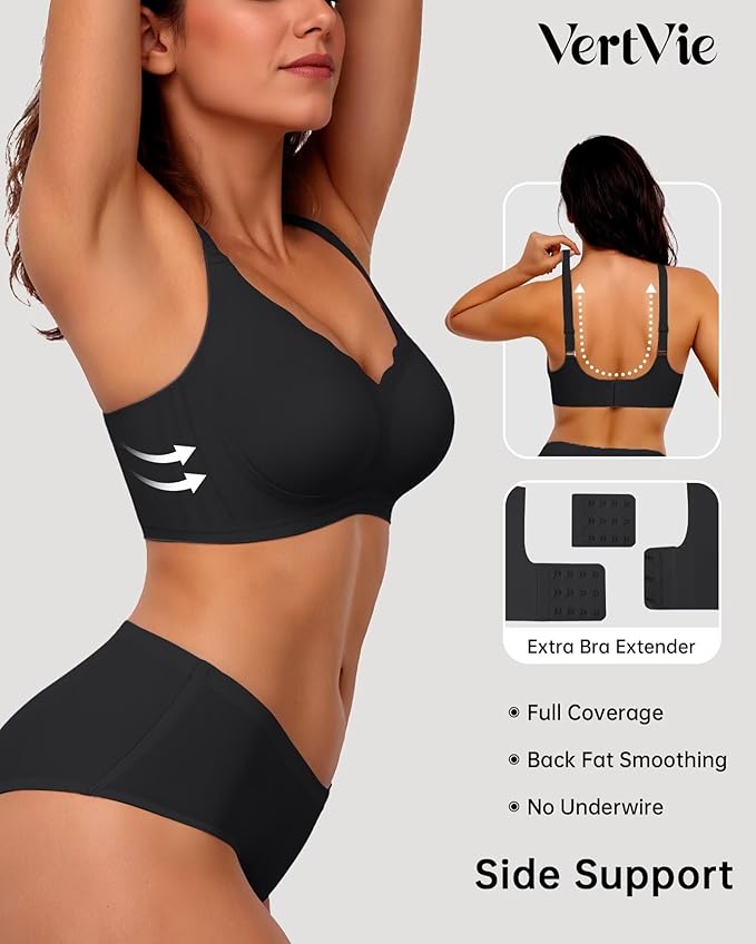 Vertvie Womens Seamless Bras No Underwire Supportive Wireless Push Up Full Coverage Bralette Comfort Scalloped T-Shirt Bra