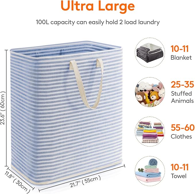 Lifewit Laundry Hamper Large Collapsible Laundry Basket, Freestanding Waterproof Clothes Hamper Storage with Easy Carry Handles for Clothes in Bedroom Bathroom College Dorm for Adults, Blue, 100L