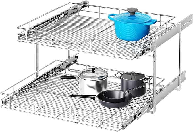 2 Tier Individual Pull Out Cabinet Organizer 25½" W x 21½" D, Heavy Duty Cabinet Pull Out Shelves, Slide Out Drawers Organization for Kitchen Cabinets Bathroom