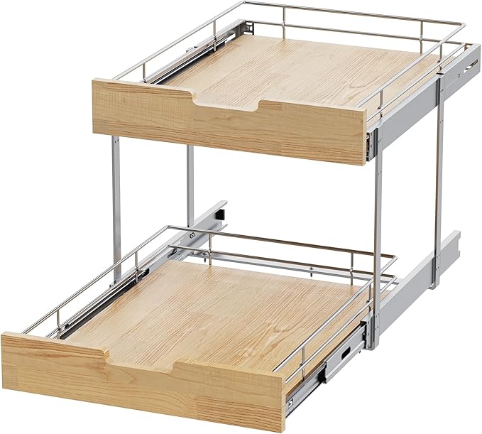 Pull Out Cabinet Organizer,Heavy-Duty Slide Out Shelf, Wood and Wire Basket, Pull Out Drawer for for Kitchen Under Sink Space, Pantry, Bathroom, 2 Tie 14 * 21 in
