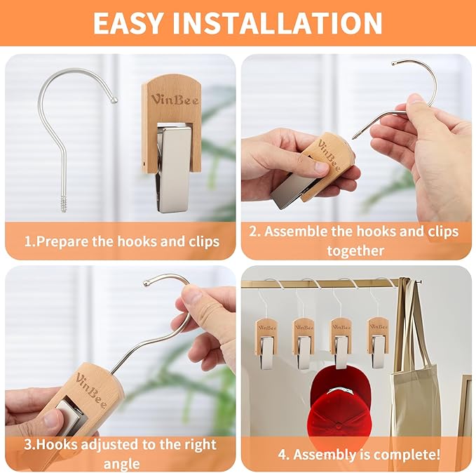 VinBee 6 PCS Hooks with Clips for Hanging,Wooden Laundry Hooks Hanging Clips Hook,Clothes Pins with Hook,Wooden Closet Organizer Clamps Clothes Clip Laundry Clip with Hook for Pants Hats Socks Gloves