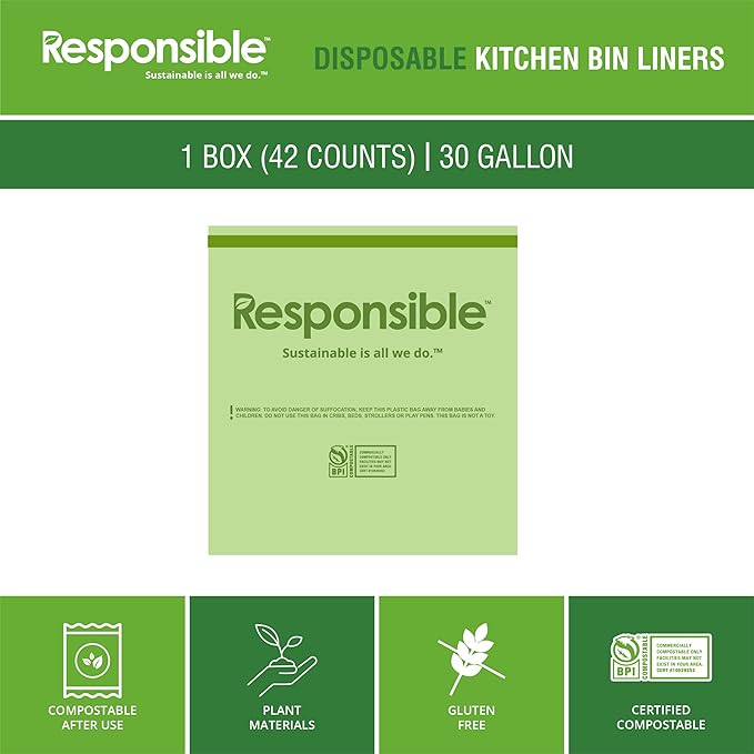 Responsible Products Kitchen Bin Liners, Certified Compostable, Heavy Duty Multipurpose Food Scrap Bags, Made from Compostable Materials (30 Gallon Drawstring, 30 Gallon (42 Count))
