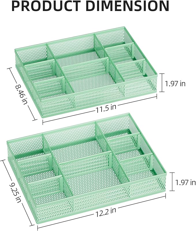 Marbrasse 2 Pack Desk Drawer Organizer, Mesh Drawer Organizer Tray with 8 Adjustable Compartments, Desk Organizers and Accessories, 5 Dividers Drawer for Office Supplies, Makeup & Vanity (Green)