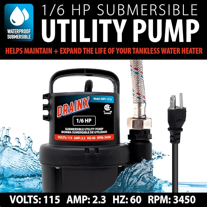DrainX Tankless Water Heater Flushing Kit Includes Submersible Pump, Hoses, Liquid Descaler Solution, and Measuring Bucket