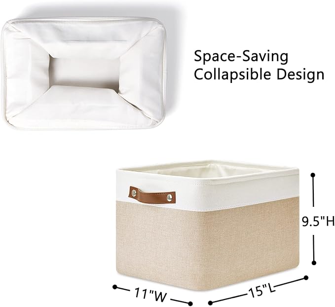 DULLEMELO Fabric Storage Bins for Laundry, Home, Foldable Storage Baskets for Shelves, Toys, Collapsible Storage Bins for Office, Closet,Bedroom(White&Khaki,15"x11"x9.5",4-Pack)