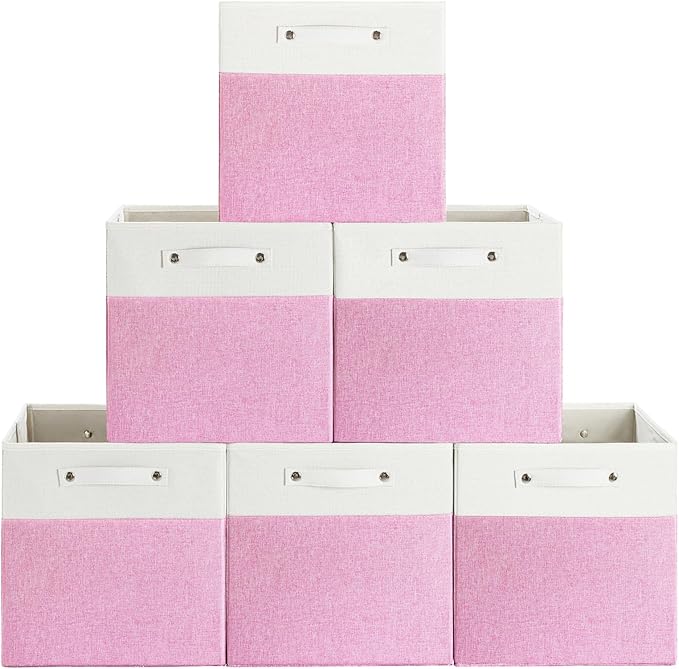 13 x 13 Inch Fine Linen Storage Bins with Handles，Fabric Cube Boxs，Collapsible Basket Organizers for Shelves for Home, Closet Drawers (White/Pink-6 Pack)