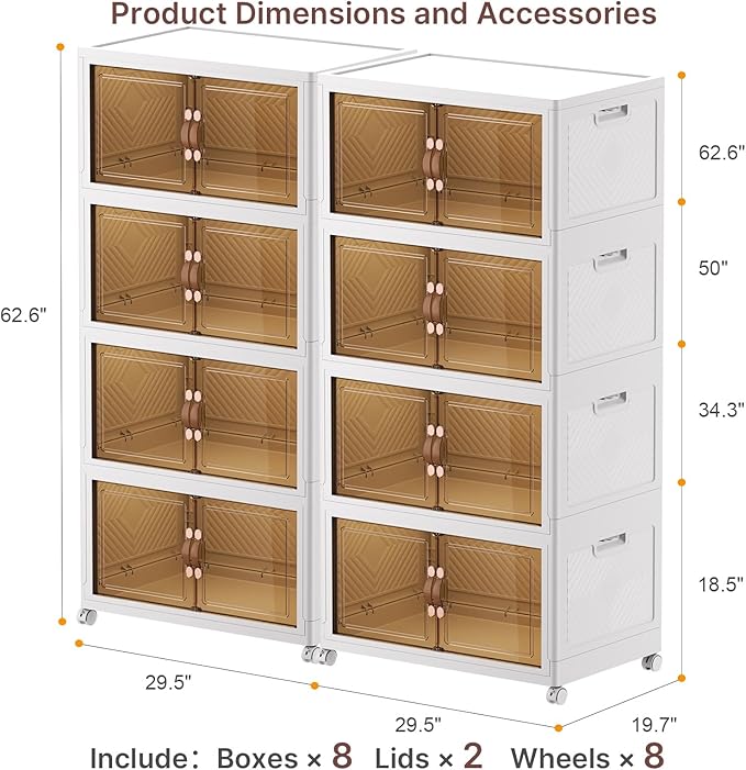 Extra Large Stackable Storage Bins with Lids & Wheels & Door, 1280QT-160QT/40GAL*8Pack Foldable Collapsible Closet Organizers, Plastic containers drawers for bedroom Dorm