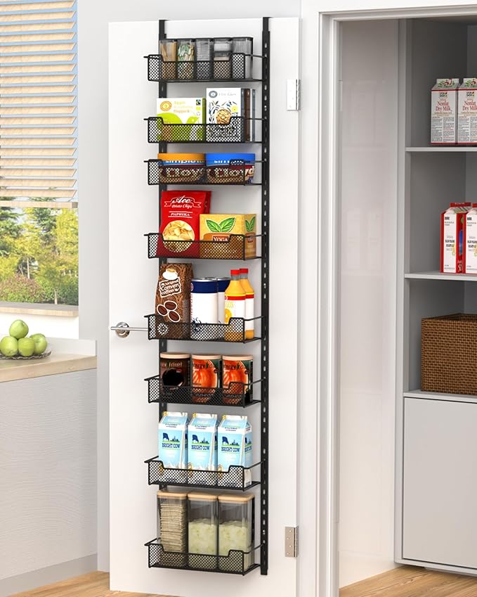 12.3" W Narrow Over the Door Pantry Organizer, 8-Tier Over the Door Organizer with Adjustable Basket, Pantry Door Organization for Pantry Kitchen Storage Room Spice Rack, Black