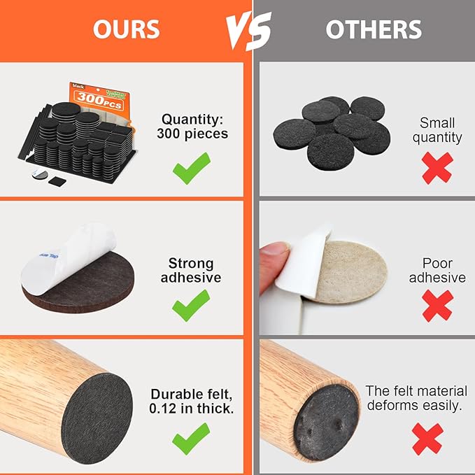 Felt Furniture Pads 300 Pieces, Furniture Pads for Hardwood Floors, Felt Pads for Chair Legs Furniture, Floor Protectors for Furniture Black