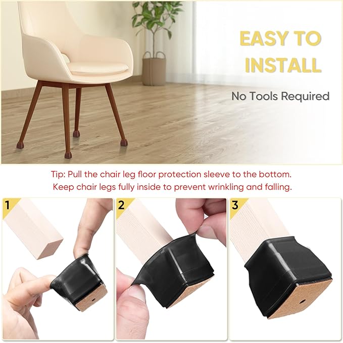 BALEINE 32 Pack Silicone Chair Leg Floor Protectors, Stool Leg Protectors Cap, Non-Slip Chair Leg Caps for Hardwood Floors (Black & Large (Square), 32 Pack)