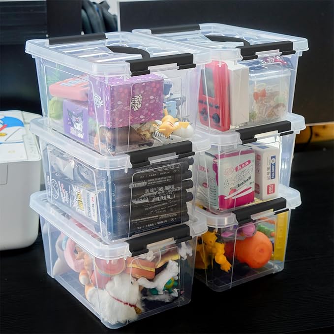6 Quart Plastic Stackable Storage Latch Bins,Clear Latching Box with Handle and Lid,Pack of 6 (Black Handle)