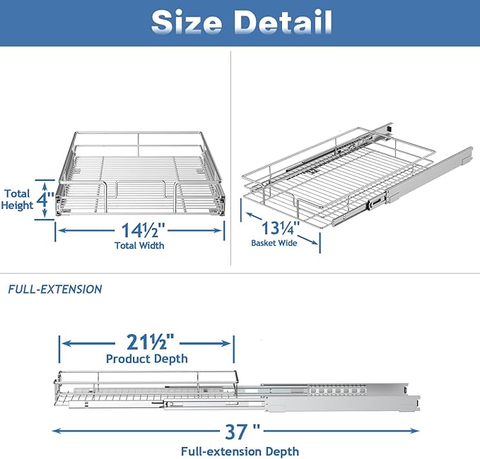 Pull Out Cabinet Organizer 14½" W x 21½" D, Heavy Duty Cabinet Pull Out Shelves, Slide Out Drawers Organization for Kitchen Cabinets Bathroom