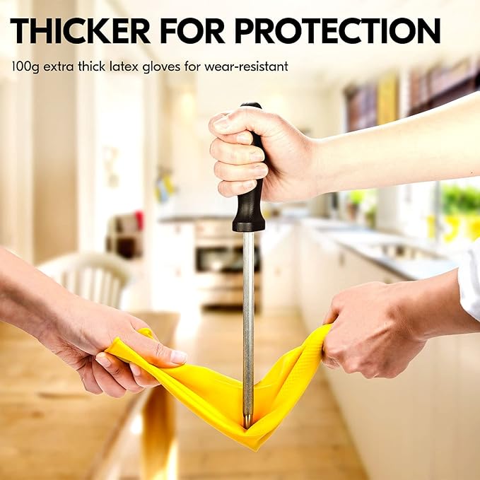 Vgo... 1-Pair Reusable Household Gloves, Rubber Dishwashing gloves, Extra Thickness, Long Sleeves, Kitchen Cleaning, Working, Painting, Gardening, Pet Care (Size S, Yellow, HH4601)