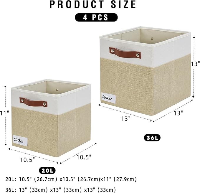Collapsible Fabric Storage Cube Bins with 2 Reinforced PU Handles, Foldable Storage Organizer Baskets for Closet, Shelves, Living Room | 11"x11"x11", 4 Pack, Beige & White