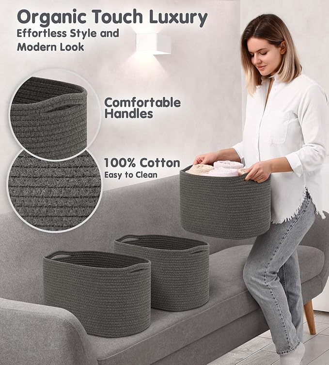 CHAT BLANC Cotton Rope Baskets for Organizing | Storage Baskets for Shelves | Rope Basket for Storage, Small Laundry Woven Baskets for Dog Toy Bin, Baby items, Graphite 3 Pack