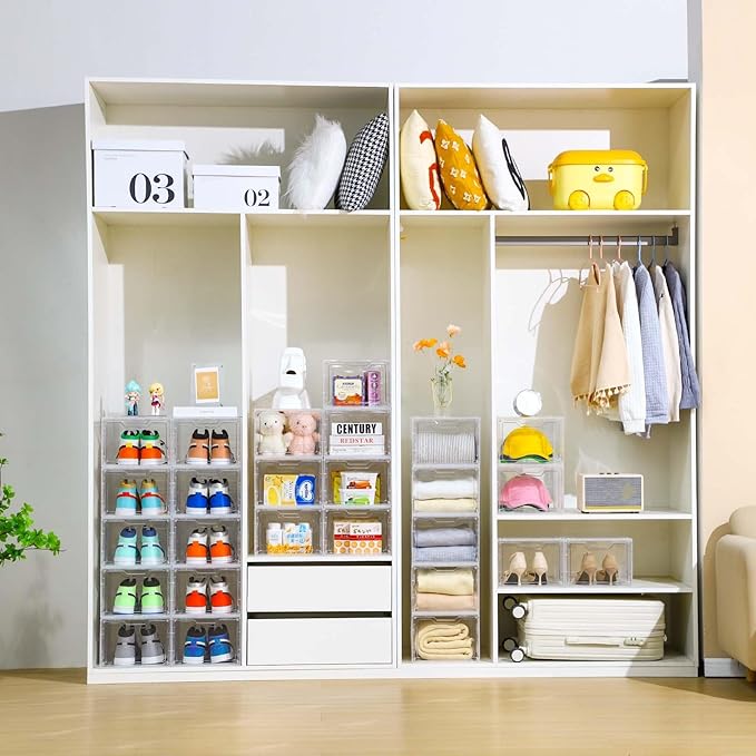10 Pack Closet Organizers and Storage,Clear Stackable Plastic Storage Bins with Lids Magnetic Doors,Clothes Organizers and Storage,Plastic Craft Containers for Wardrobe Kitchen Bathroom Office