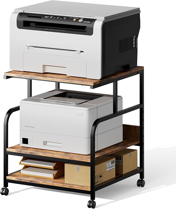 Warmiehomy 24x24 inches Printer Stand with Adjustable Storage Shelf - Large Printer Table with Wheels - 3 Tier Rolling Cart - Use for 3D Laser Printer Mini Fridge Home Office (Brown)