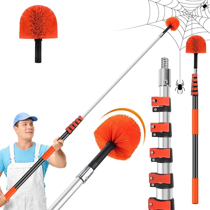 30FT Reach Cobweb Duster with Extension Pole,Spider Web Brush for Cleaning with 5-24FT Telescoping Pole,5-Stage Lightweight & Sturdy Telescopic Web Cobweb Duster Pole for Outdoor Indoor Use