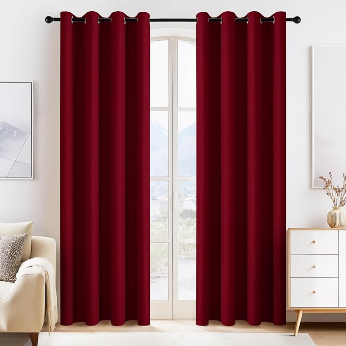 PONY DANCE Blackout Curtains for Bedroom - Double Pieces Thermal Insulated Drapes Noise Reducing Solid Grommet Top Window Curtain Panels for Home Decoration and Doorway, 55 x 80 inch, Red, 1 Pair