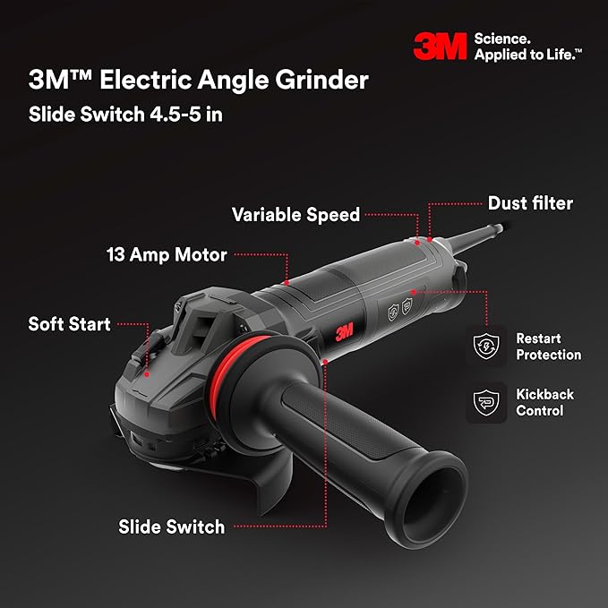 3M Electric Angle Grinder, 11130, VS, 4.5-5 in Slide Switch, 13-Amp, 120V, for Cutting, Grinding, Polishing and Rust Removal,1 EA